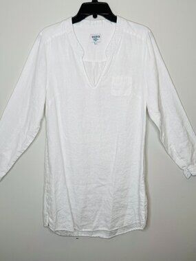 Hiho Linen Long Sleeve White Tunic Womens L Vneck Chest Pocket Tortola BVI